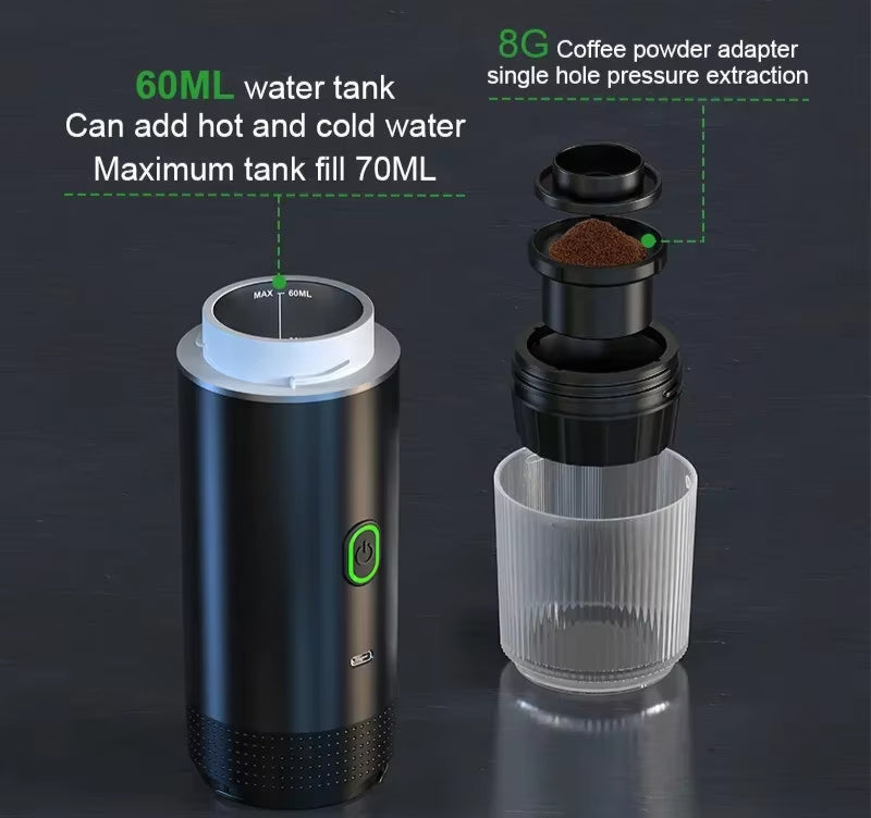Wireless Electric Portable Espresso Coffee Machine for Car & Home Camping Coffee Maker 3-In-1 Capsule Powder Travel Coffee Maker